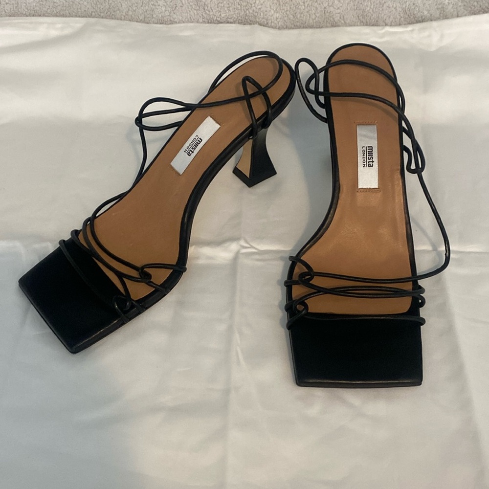 NWOT Miista square toe black leather strappy heel sandals, 8